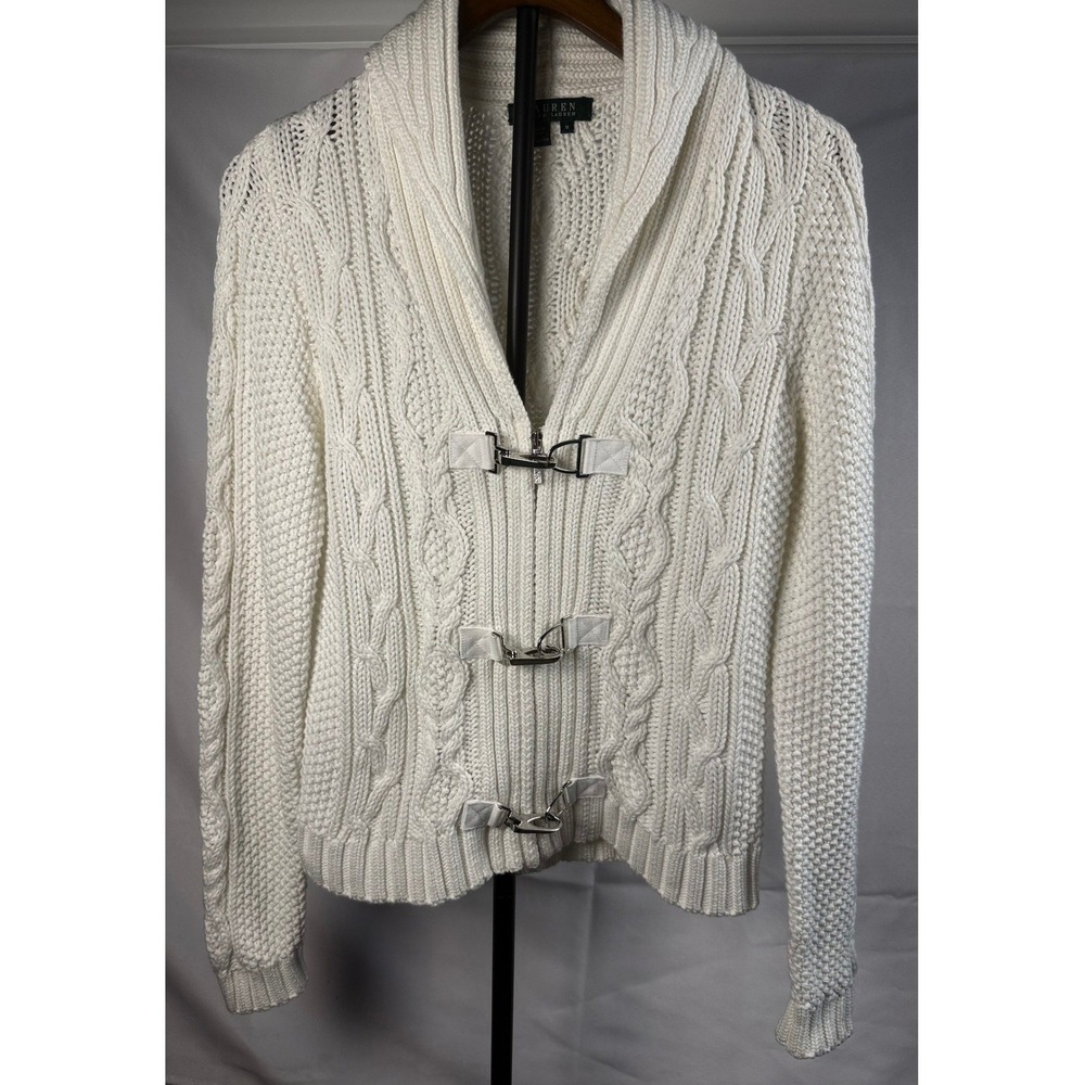 Lauren Ralph Lauren M Cable Knit Equestrian Shawl Collar Cardigan Preppy Fall